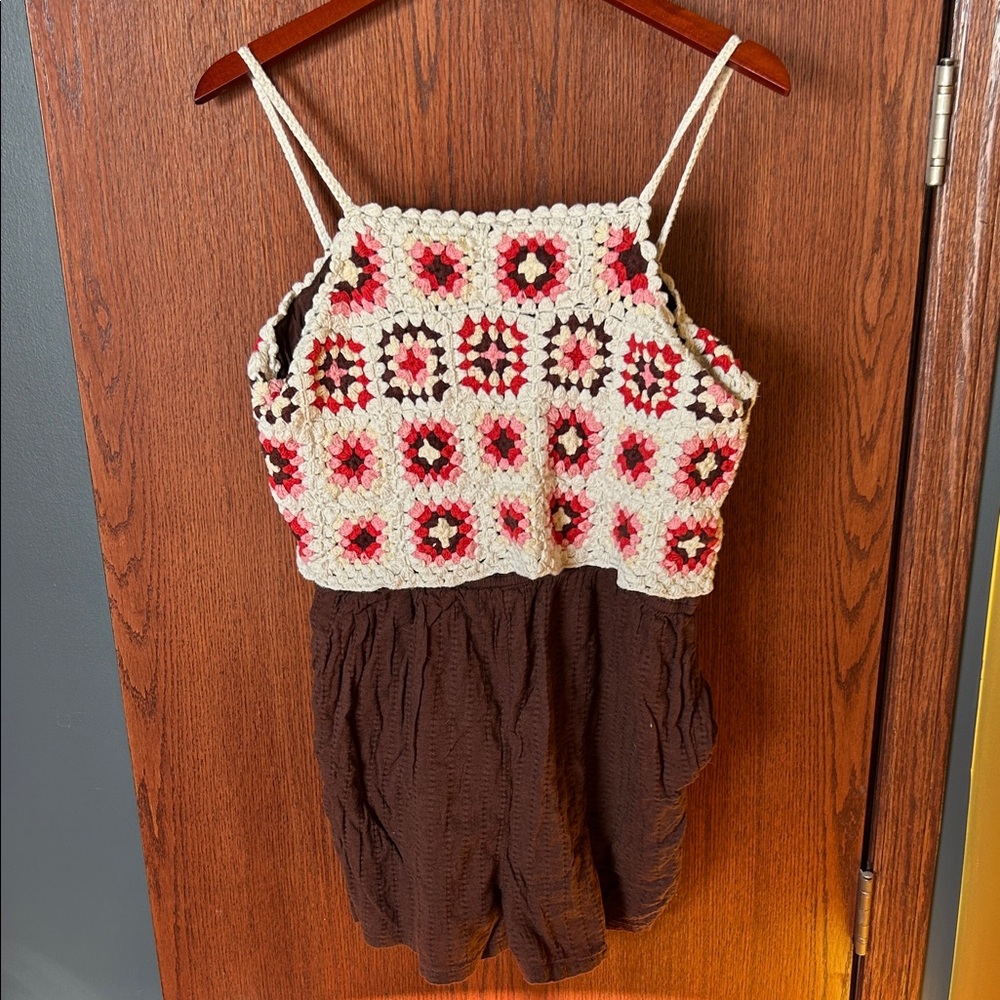 Lucky Brand Crochet-Trim Romper in Cream, Pink & Brown